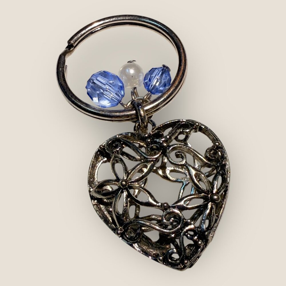 Floral Filigree Heart Keychain Keyring Silver-tone Blue White Beads